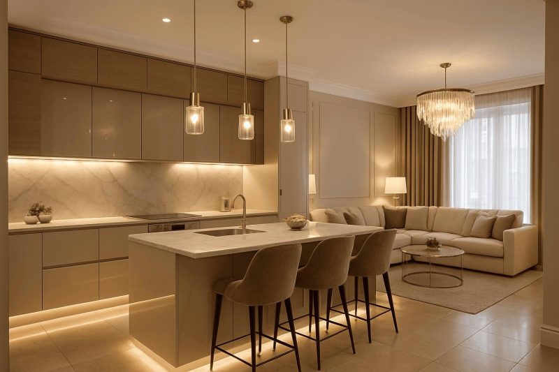 Styl Glamour salon z kuchnią