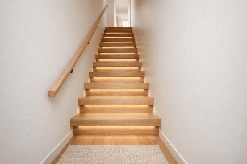 Wąska klatka schodowa w stylu minimalistycznym – jak urządzić jasne i nowoczesne wnętrze