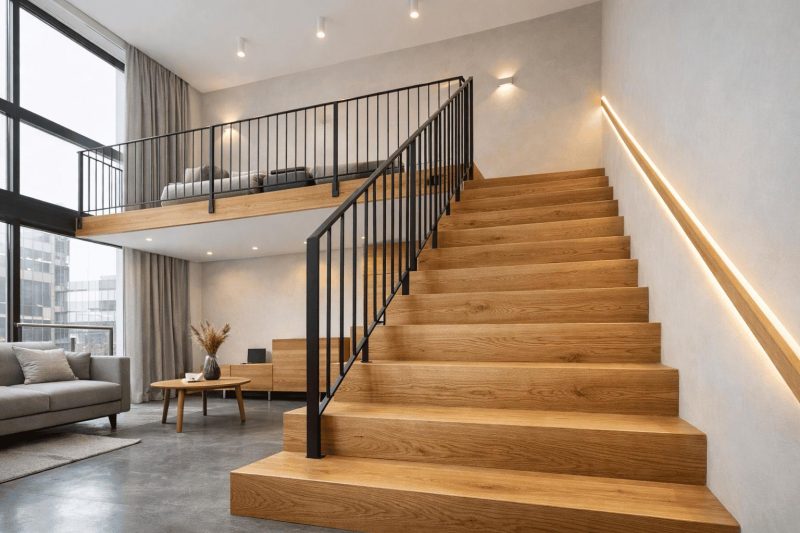 Schody drewniane z metalową balustradą