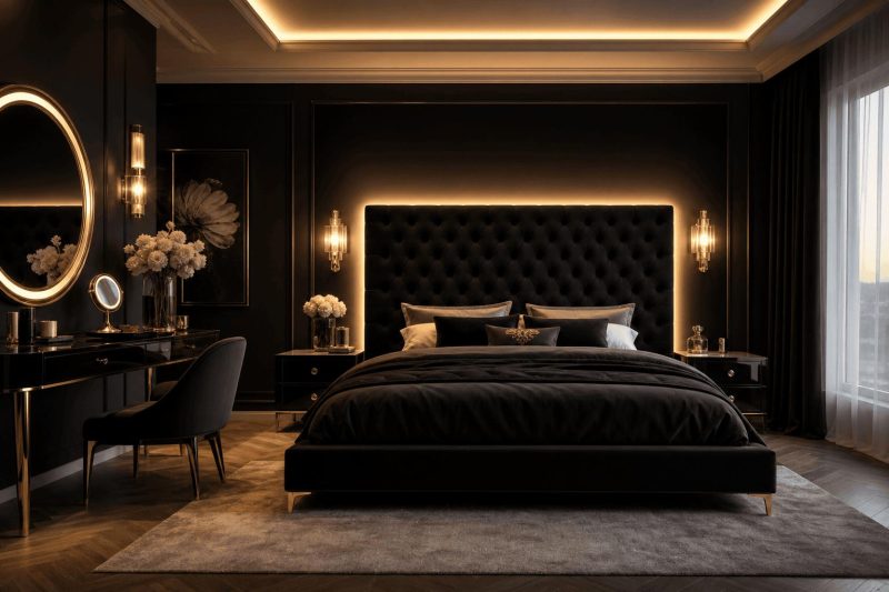 Czarna sypialnia w stylu glamour