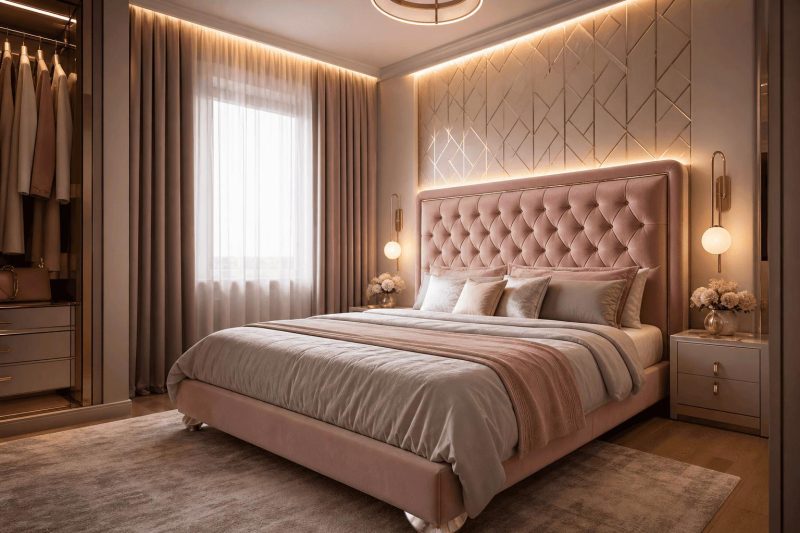 Mała sypialnia w bloku w stylu glamour