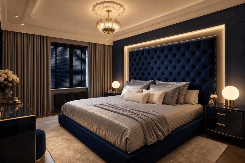 Granatowa sypialnia w stylu glamour