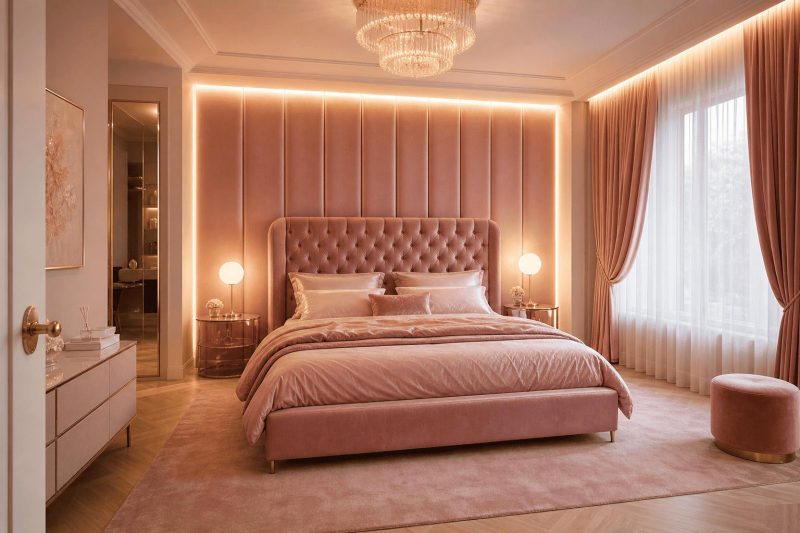 Różowa sypialnia w stylu glamour