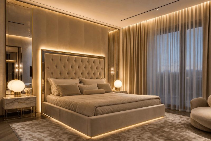 Beżowa sypialnia w stylu glamour