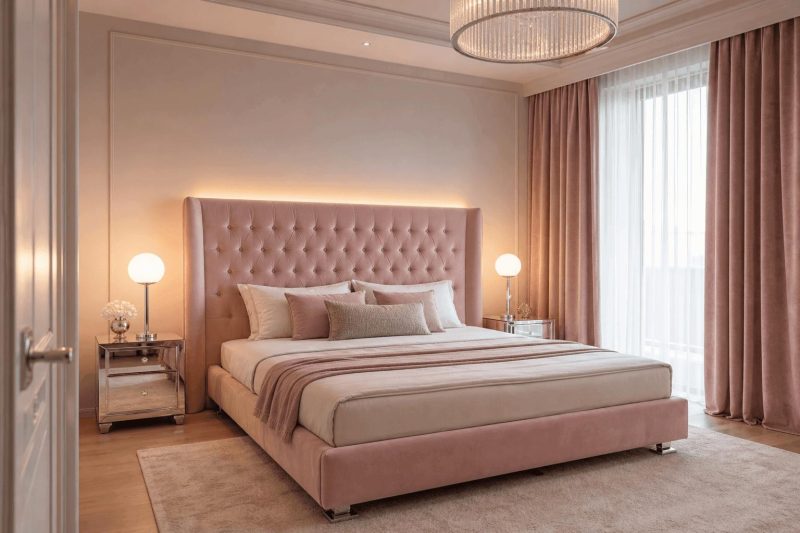 Sypialnia z pudrowym różem w stylu glamour