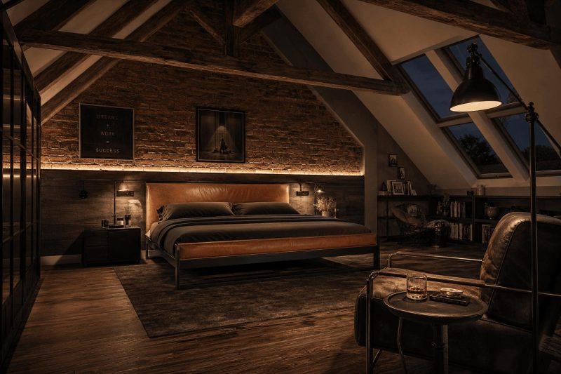 Sypialnia na poddaszu w stylu loft