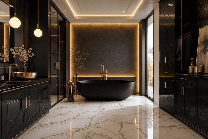 Łazienka w stylu Glamour w kolorze czarno-złotym