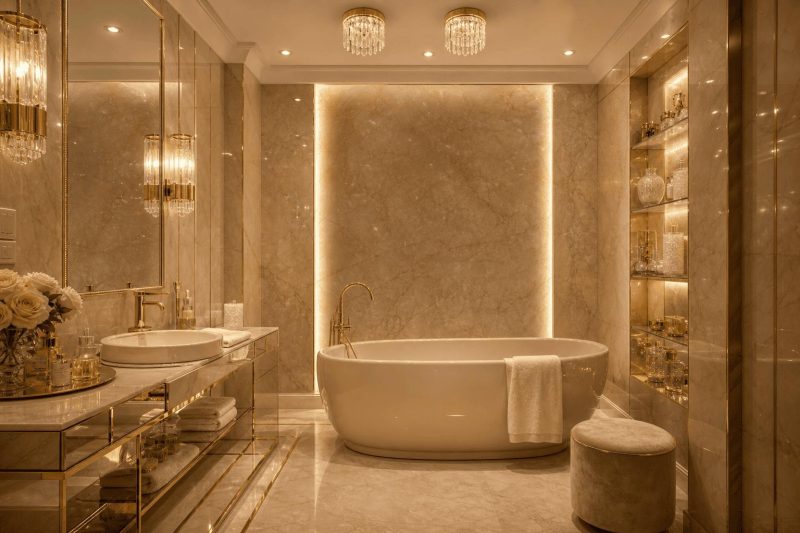 Łazienka w stylu glamour w kolorze beżowym