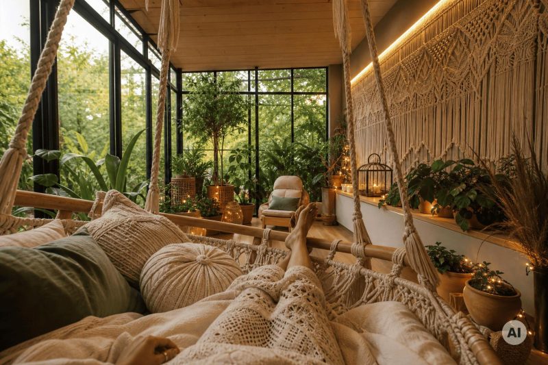 Ogród z huśtawką w stylu boho