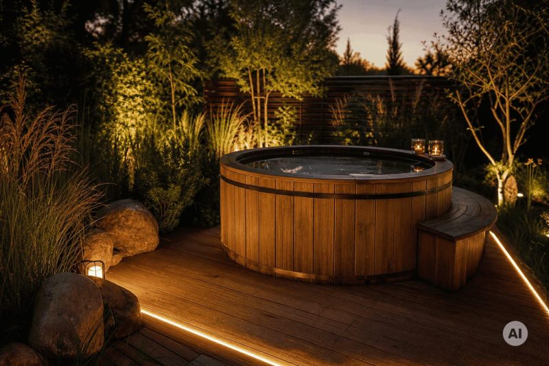 Ogród z drewnianym jacuzzi