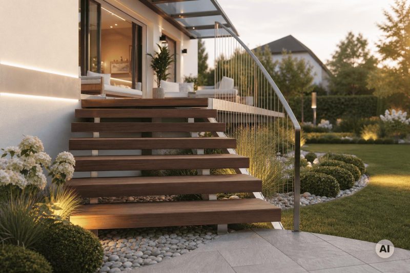 Balkon ze zejściem do ogrodu
